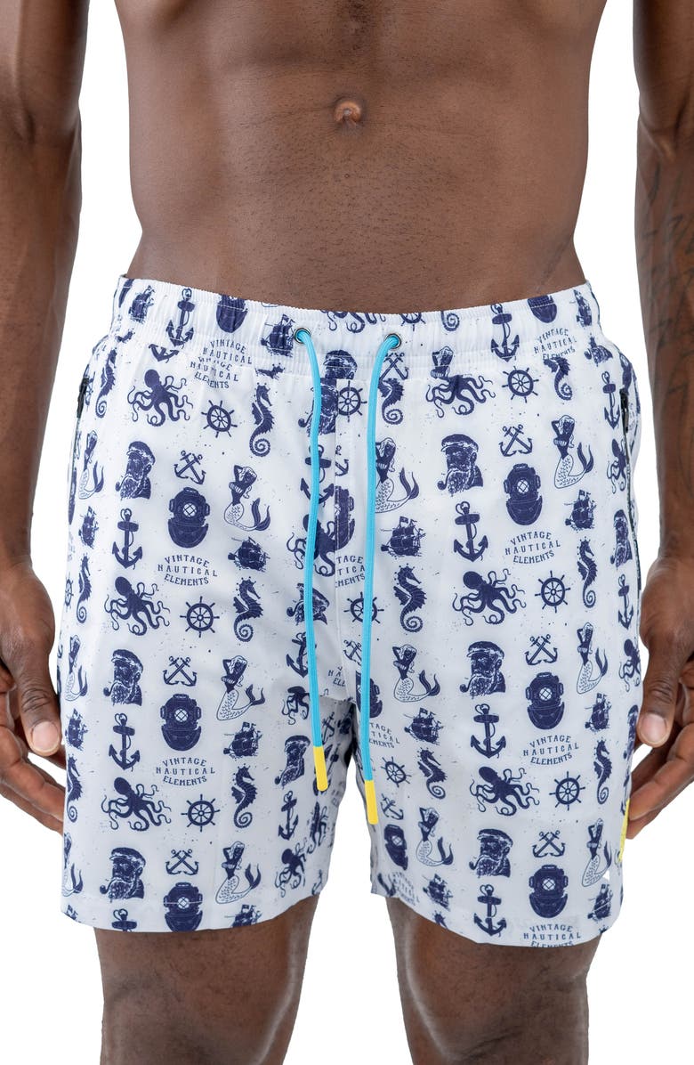 Maceoo Swim Lion Nautical Swim Trunks, Main, color, White