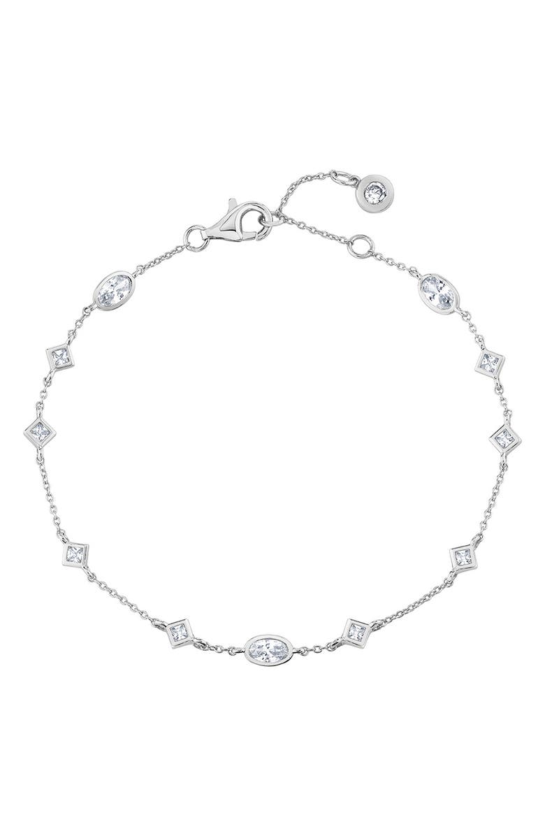 Crislu Princess & Oval Crystal Station Bracelet, Main, color, Pure Platinum / Clear Stone