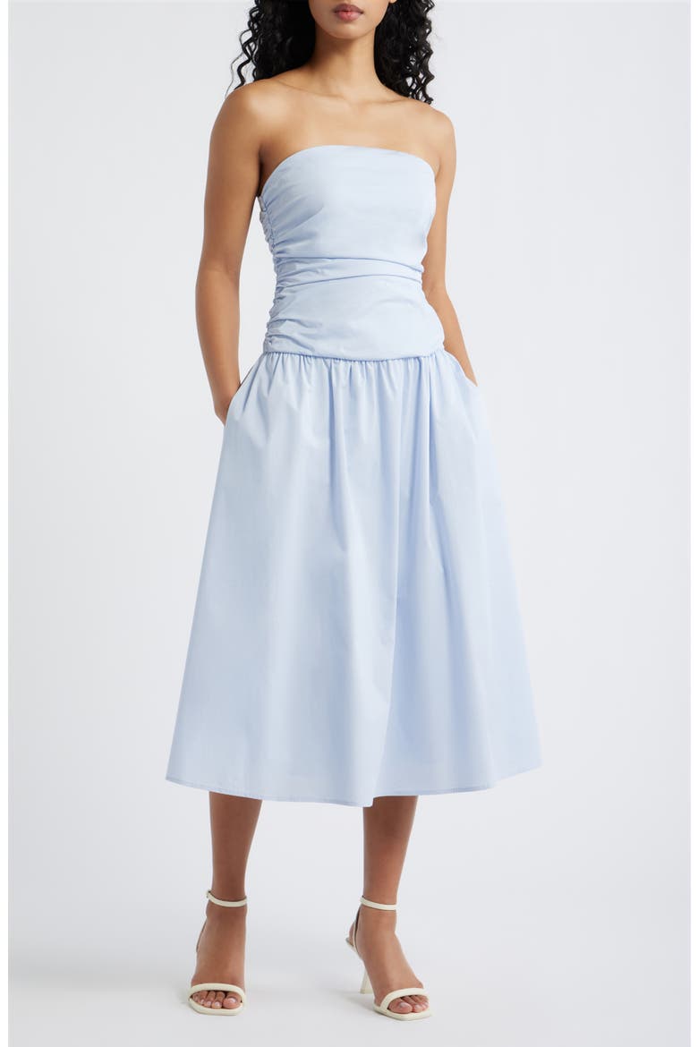 Molly Ruched Bodice Strapless A-Line Midi Dress, Main, color, LIGHT BLUE