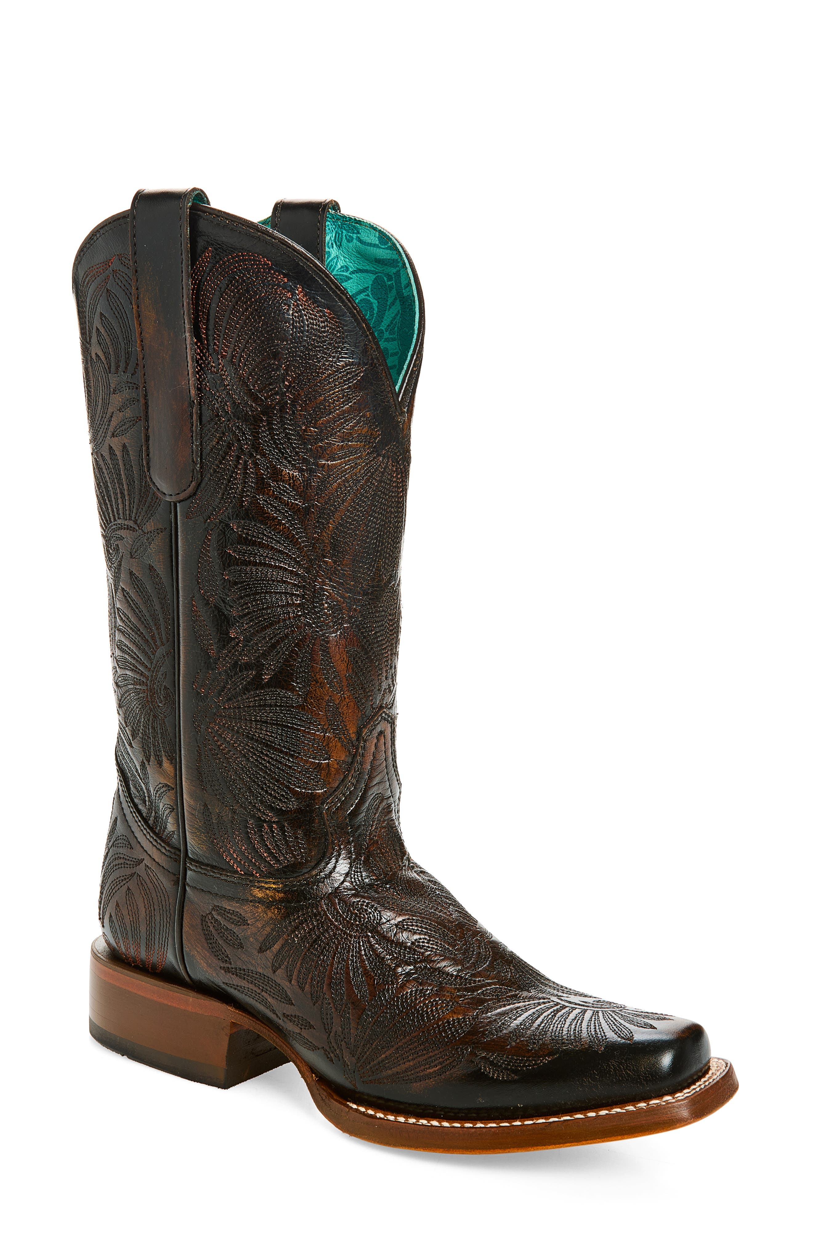 Floral Petal Embroidered Cowboy Boot, Main, color, BLACK/ HONEY