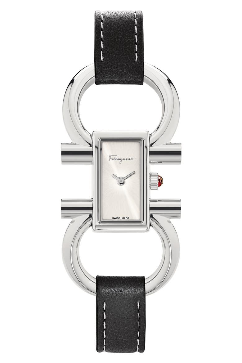 Double Gancini Bracelet Watch, 13.5mm x 23.5mm, Main, color, BLACK/ WHITE SUNRAY/ SILVER