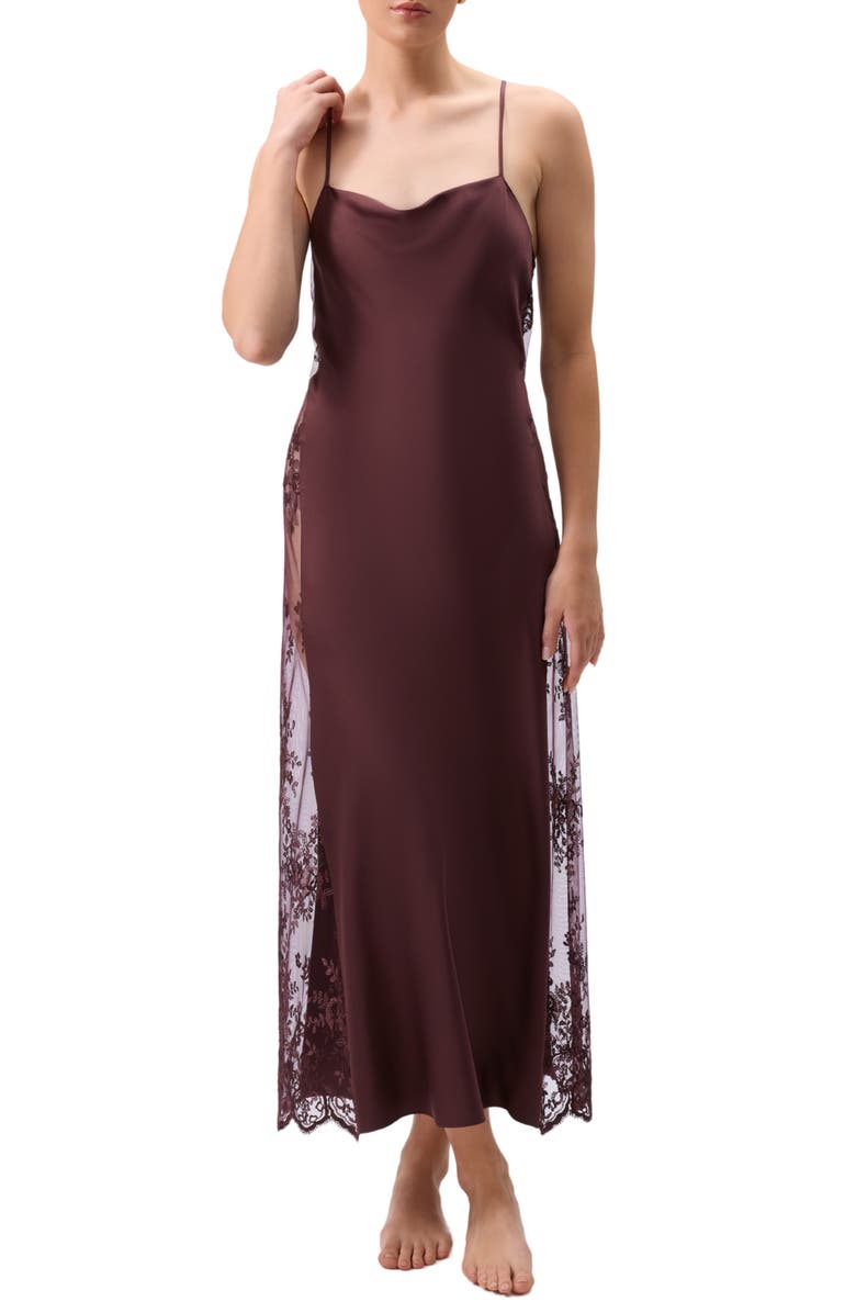 Rya Collection Darling Satin & Lace Nightgown, Main, color, Truffle