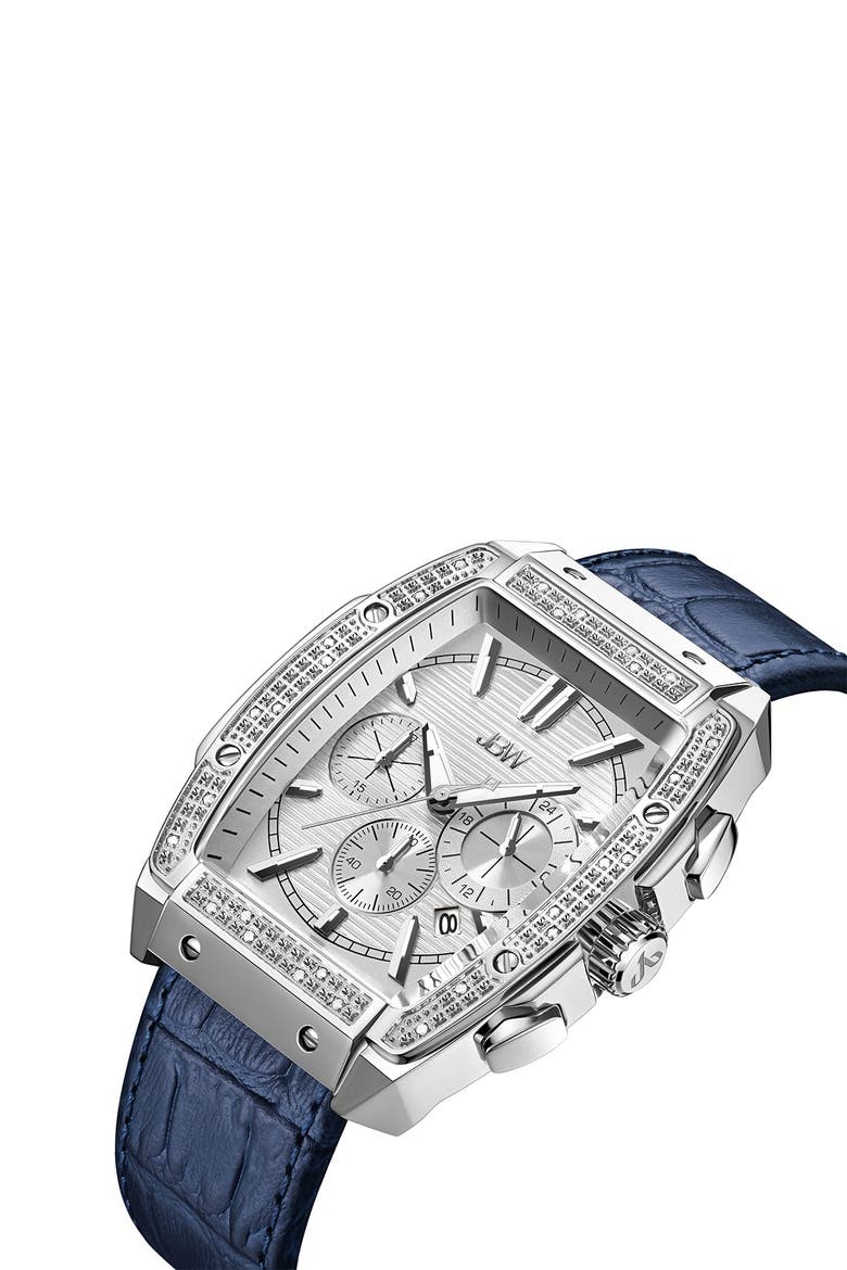 Men's Echelon Diamond Chronograph Croc Embossed Leather Strap Watch, 41mm, Alternate, color, SILVER