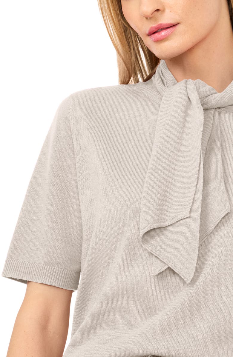 CeCe Tie Neck Short Sleeve Sweater, Alternate, color, Warm Grey