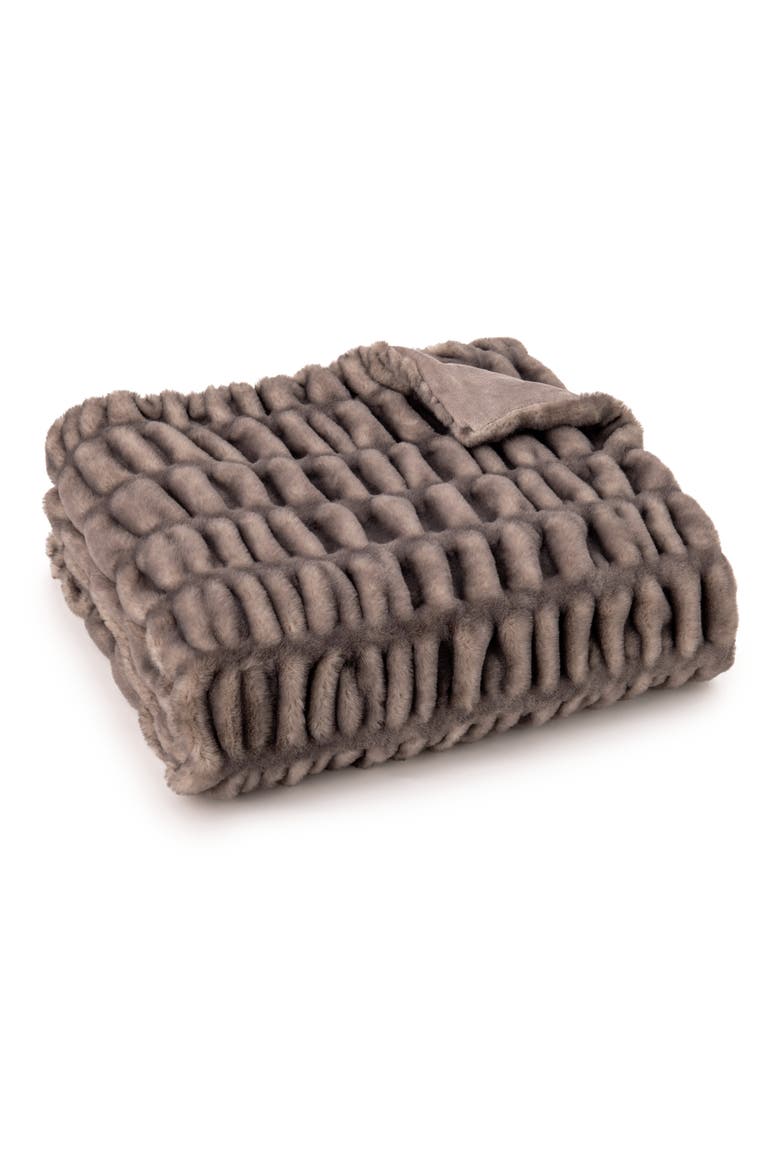Ruched Faux Fur Throw Blanket, Main, color, BROWN