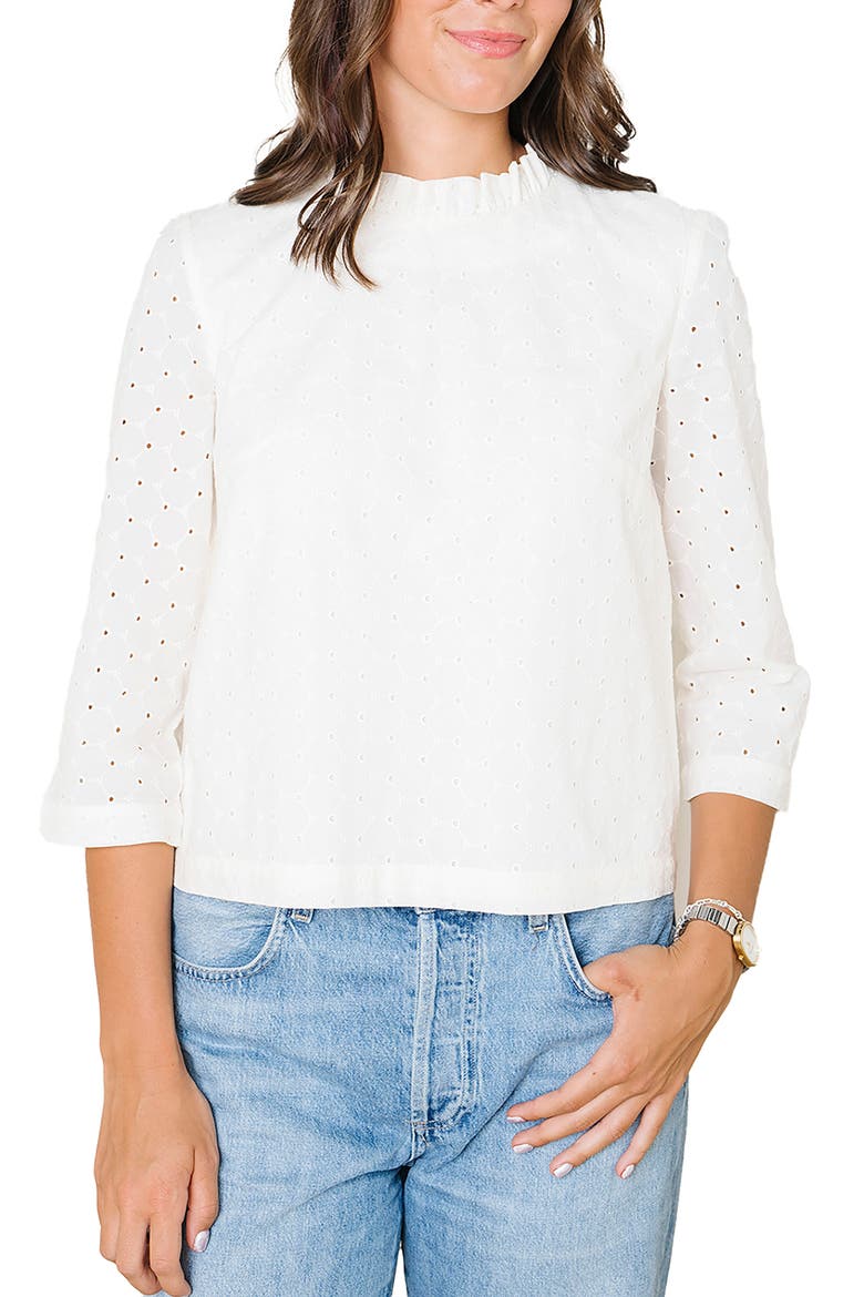 Organic Ruffle Neck Eyelet Top, Main, color, Ivory Eyelet
