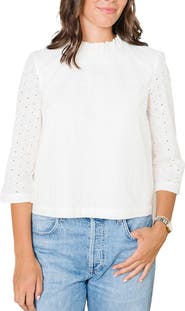 Hope & Henry Organic Ruffle Neck Eyelet Top