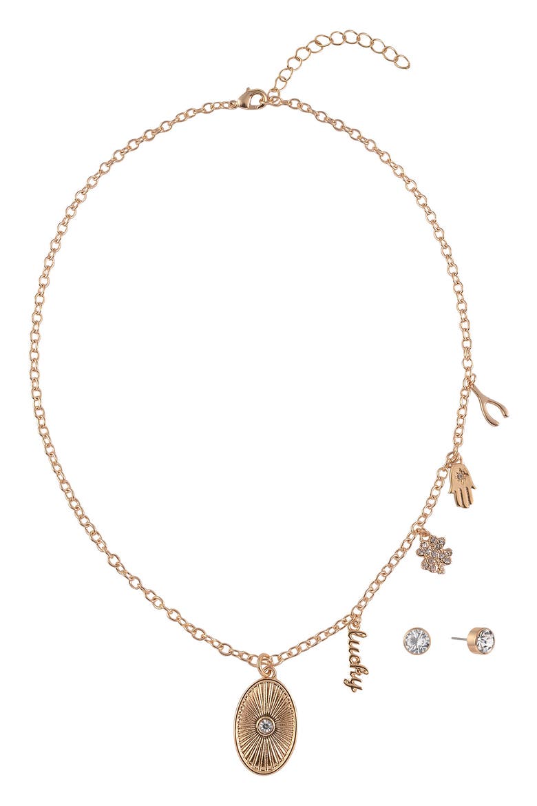 Crystal Stud Earrings & Lucky Charm Coin Pendant Necklace Set, Main, color, GOLD
