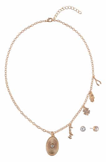 Crystal Stud Earrings & Lucky Charm Coin Pendant Necklace Set