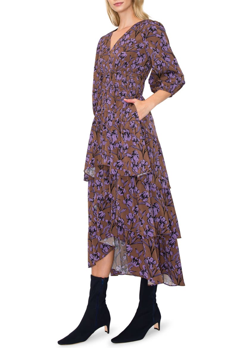 Floral Tiered Midi Dress, Alternate, color, BROWN PURPLE PRINT