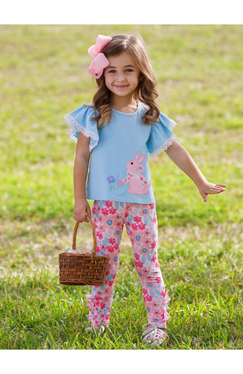 Mia Belle Girls Girls Bunny Bliss Flutter Top and Floral Legging Set, Alternate, color, Blue