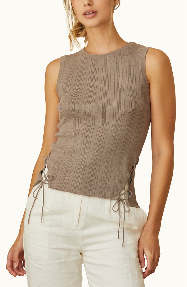 CRESCENT Lace Up Linen Blend Knit Tank Top, Main, color, Taupe
