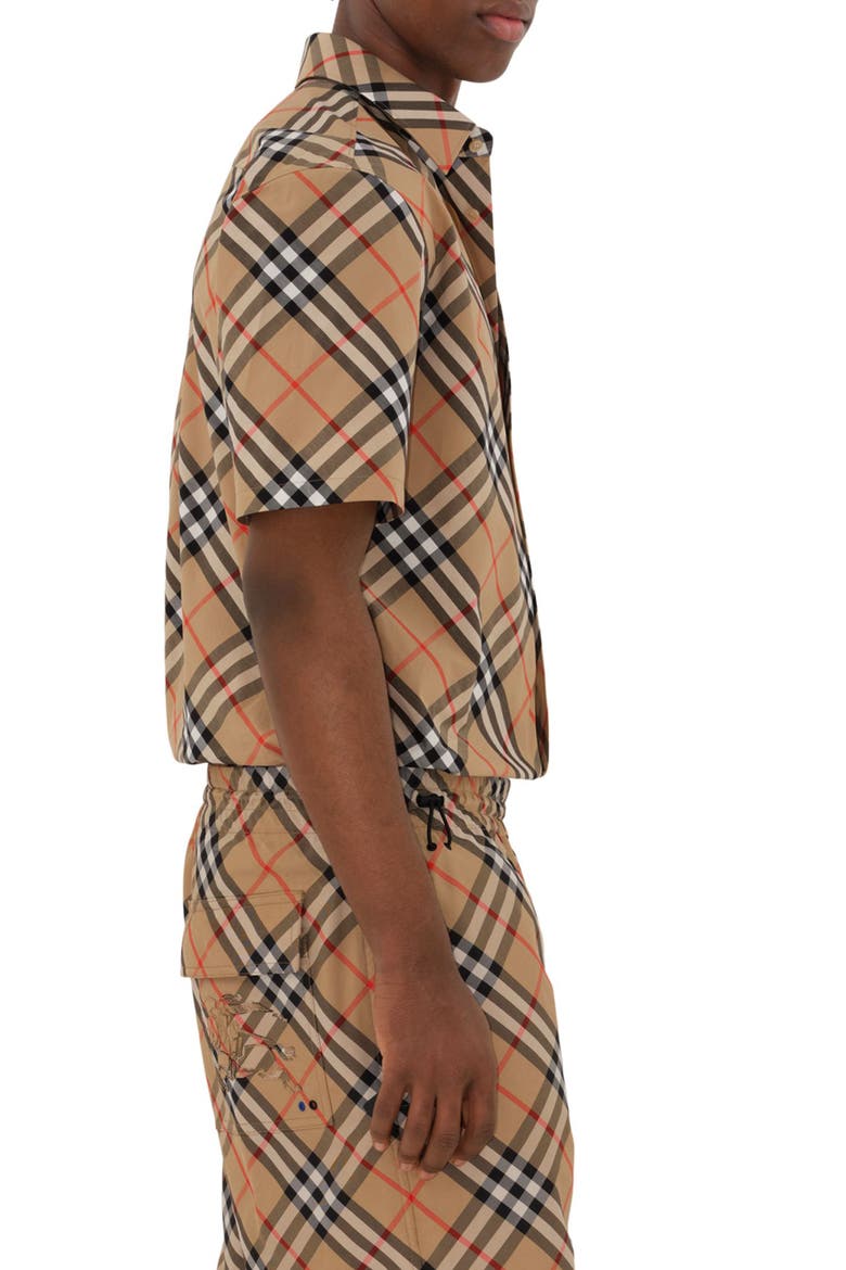 Check Short Sleeve Cotton Poplin Button-Up Shirt, Alternate, color, SAND IP CHECK