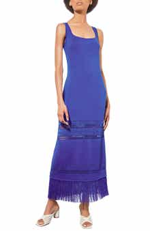Ming Wang Fringe Hem Pointelle Maxi Sweater Dress