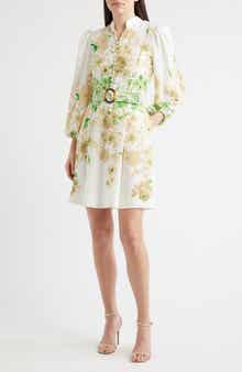 Border Print Belted Long Sleeve Dress
