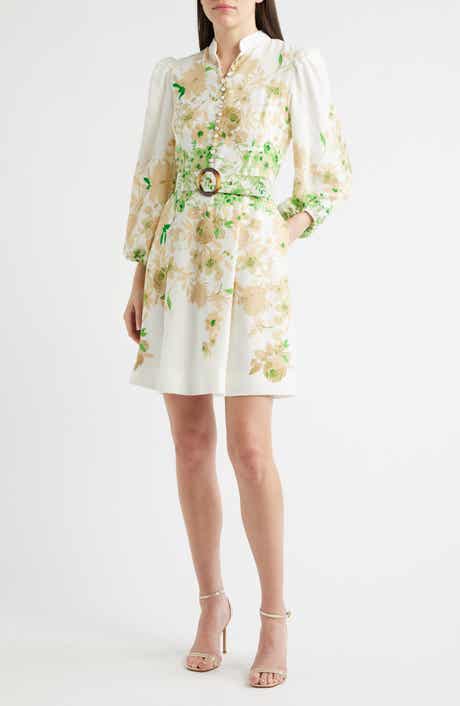 Border Print Belted Long Sleeve Dress