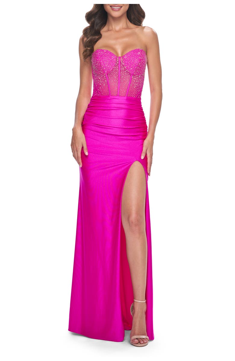 La Femme Neon Rhinestone Bustier Prom Dress with Ruching, Main, color, Hot Fuchsia