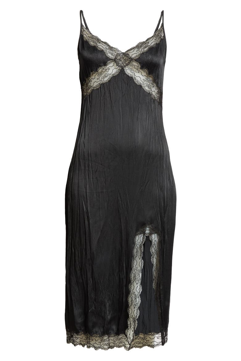 Crushed Satin Charmeuse & Lace Slipdress, Alternate, color, BLACK