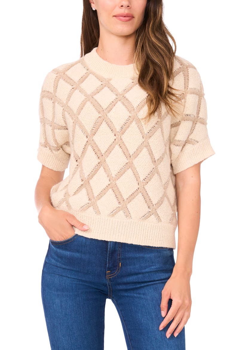 Short Sleeve Diamond Stitch Sweater, Main, color, BIRCH