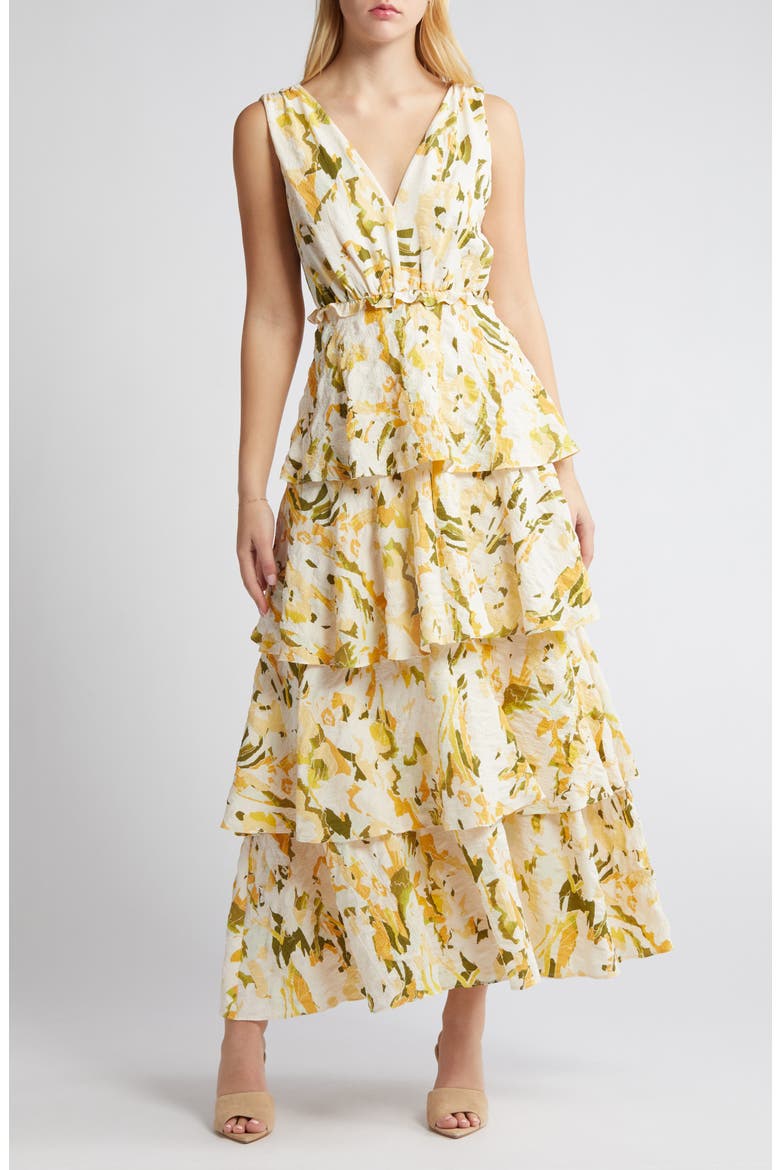 Floral Tiered Maxi Dress, Main, color, GREEN- YELLOW KEYS ABSTRACT