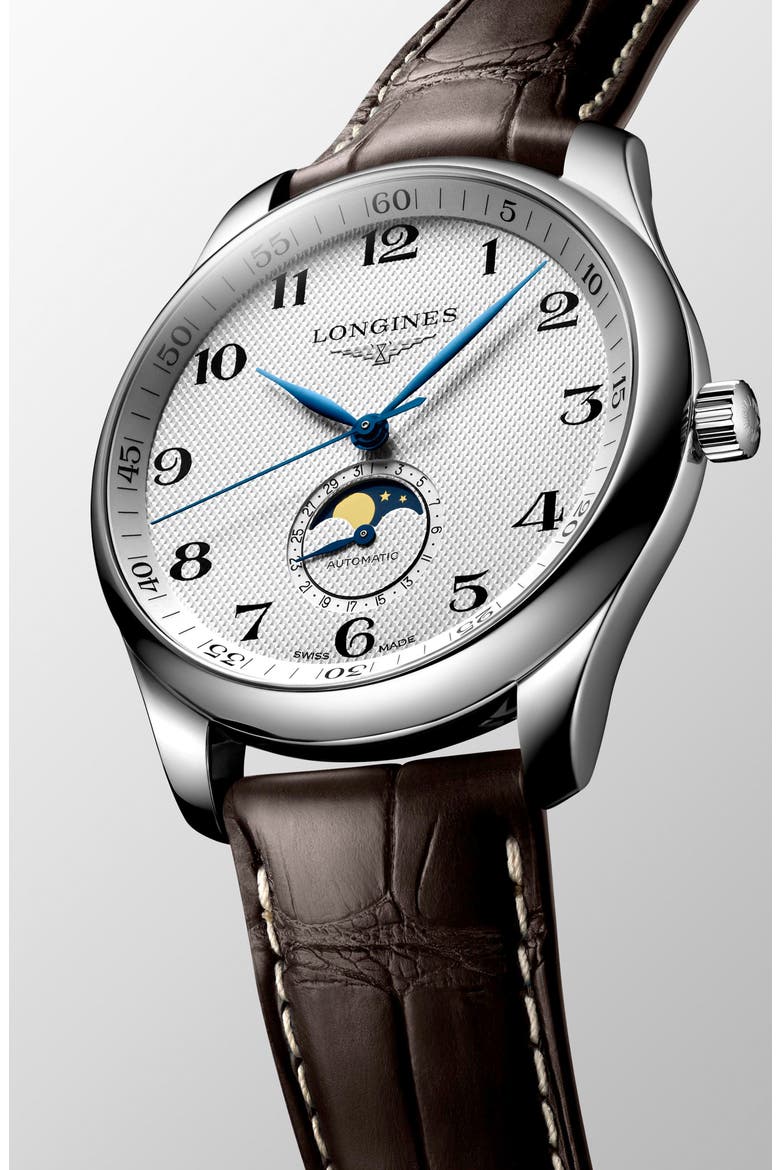 Master Collection Moonphase Automatic Leather Strap Watch, 42mm, Alternate, color, WHITE