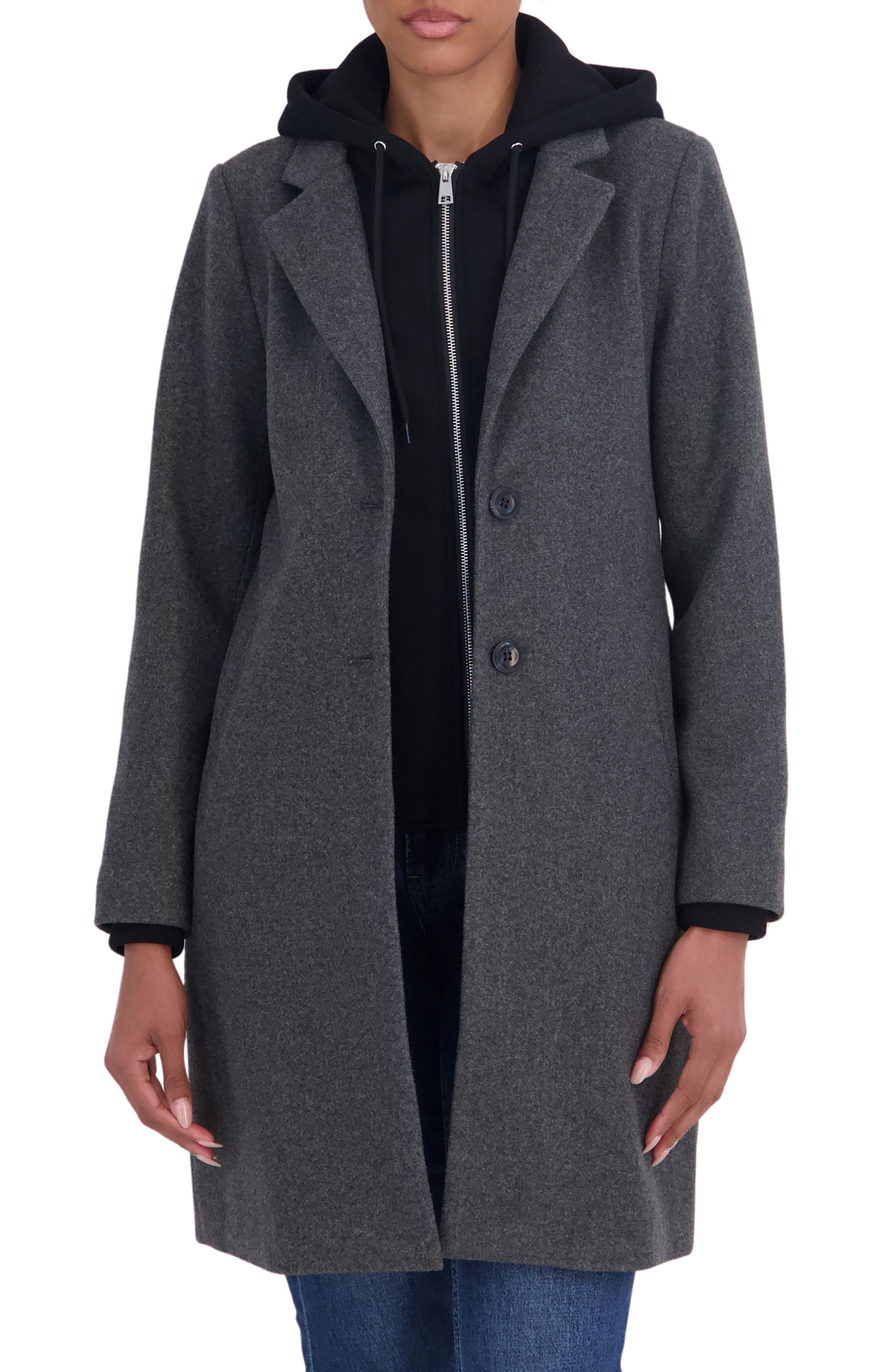 Faux Wool Single Breasted Coat with Hooded Bib