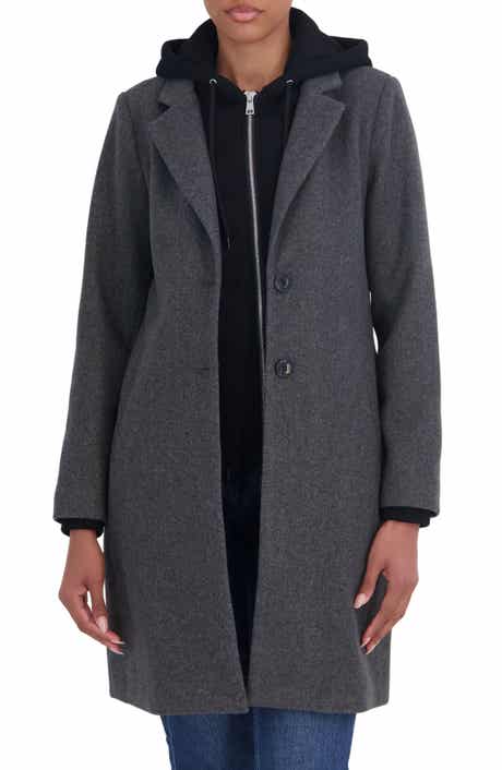 Faux Wool Single Breasted Coat with Hooded Bib