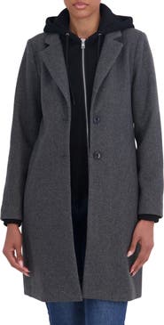 Sebby Faux Wool Single Breasted Coat with Hooded Bib