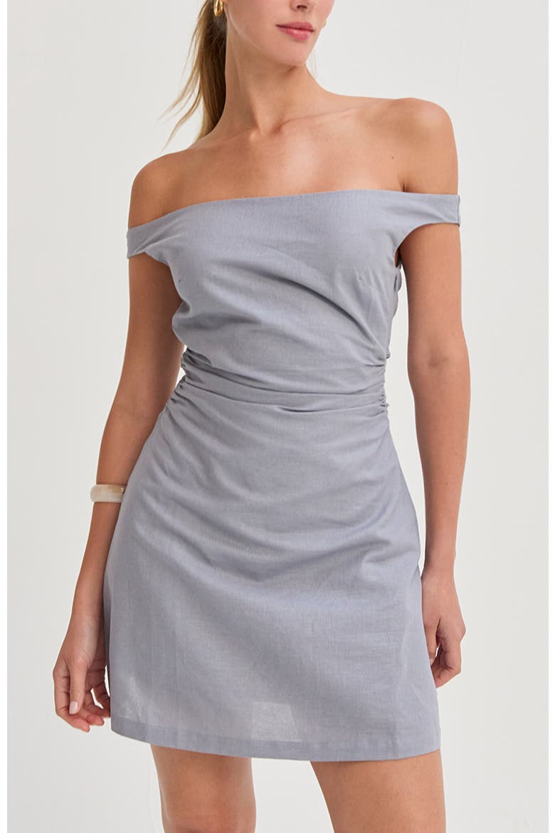 Off Shoulder Side Ruched Linen Mini Dress, Main, color, Light Blue