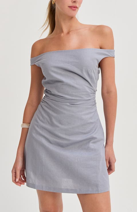 Off Shoulder Side Ruched Linen Mini Dress