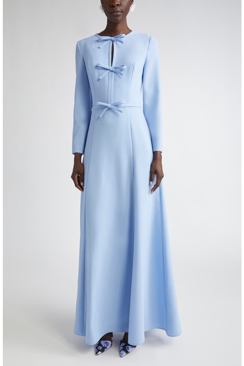 Pleated Triple Bow Cutout Long Sleeve Gown, Main, color, SKY BLUE
