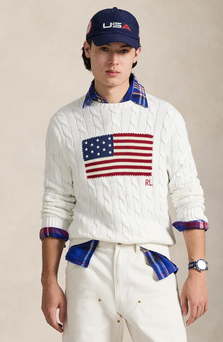 Polo Ralph Lauren Flag Intarsia Cabled Cotton Crewneck Sweater, Alternate, color, Ceramic White