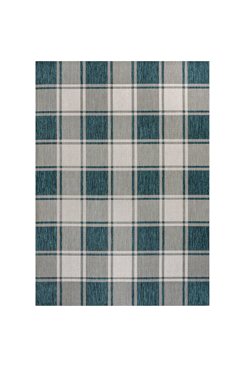 Sabine Traditional Farmhouse Bold Gingham Indoor/Outdoor Area Rug, Main, color, Turquoise/Cream