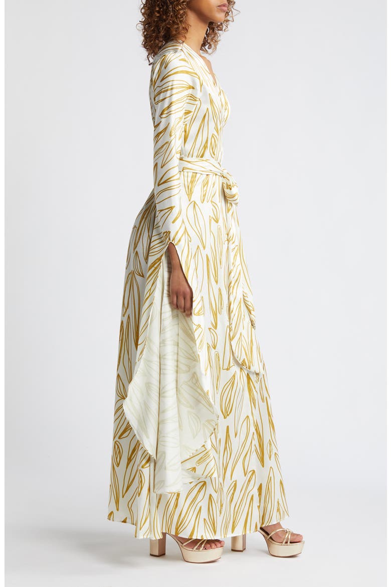 Maya Exaggerated Long Sleeve Fiore Print Jacquard Wrap Dress, Alternate, color, GOLD