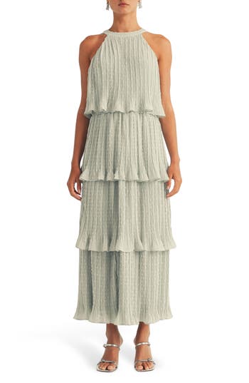 Arose Studio Lauren Tiered Swiss Dot Chiffon Dress In Gray