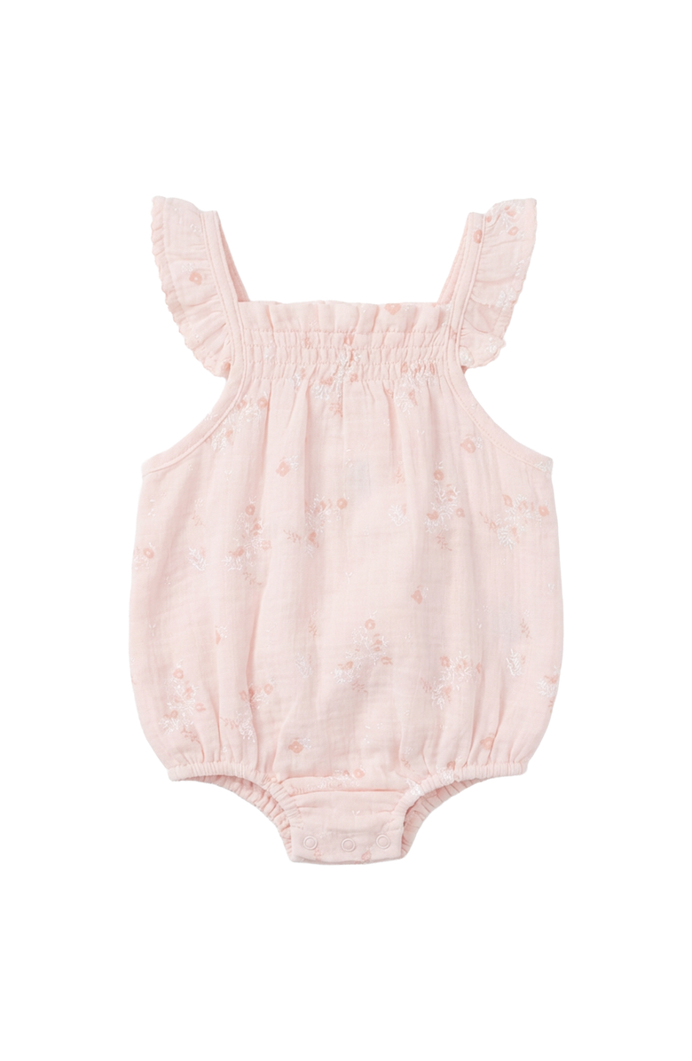 Little Fragile Small Flower Ruffle Strap Scallop Trim Romper, Main, color, Pink