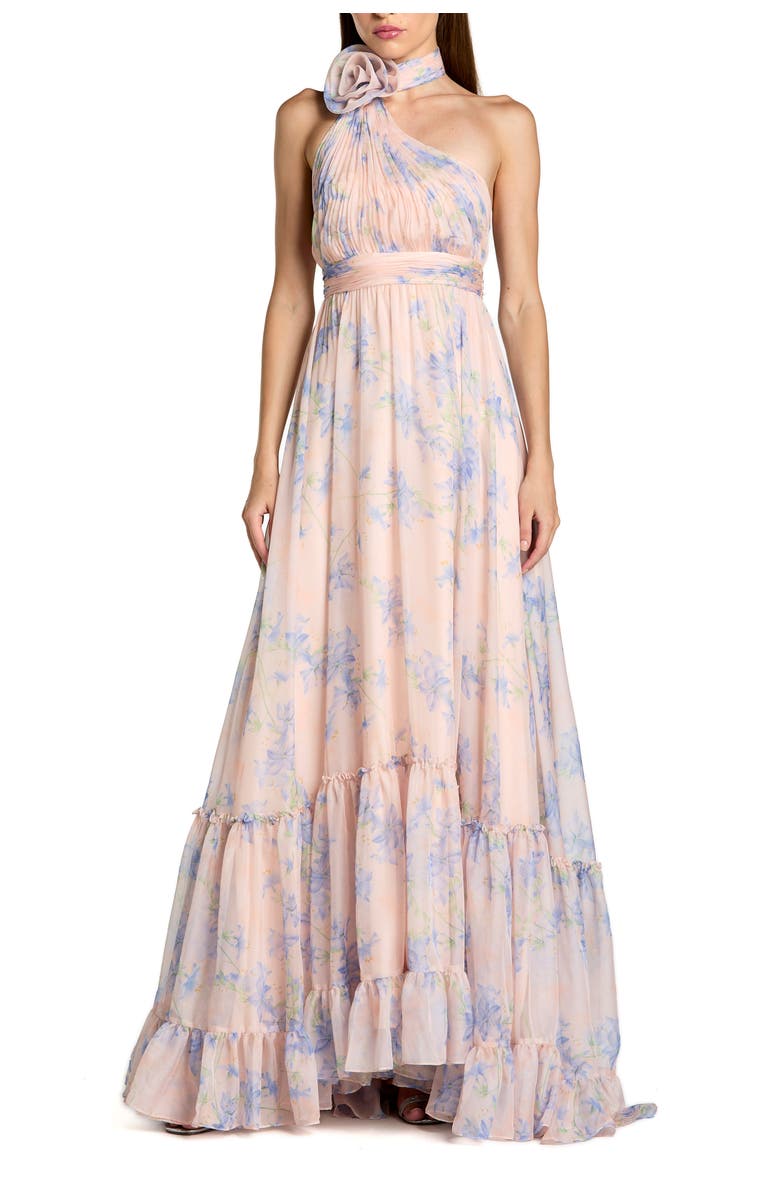 Mac Duggal Asymmetrical Floral Halter Chiffon Gown with Ruffles, Main, color, Violet Multi