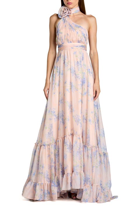 Asymmetrical Floral Halter Chiffon Gown with Ruffles