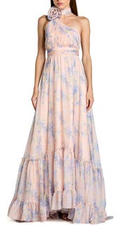 Mac Duggal Asymmetrical Floral Halter Chiffon Gown with Ruffles