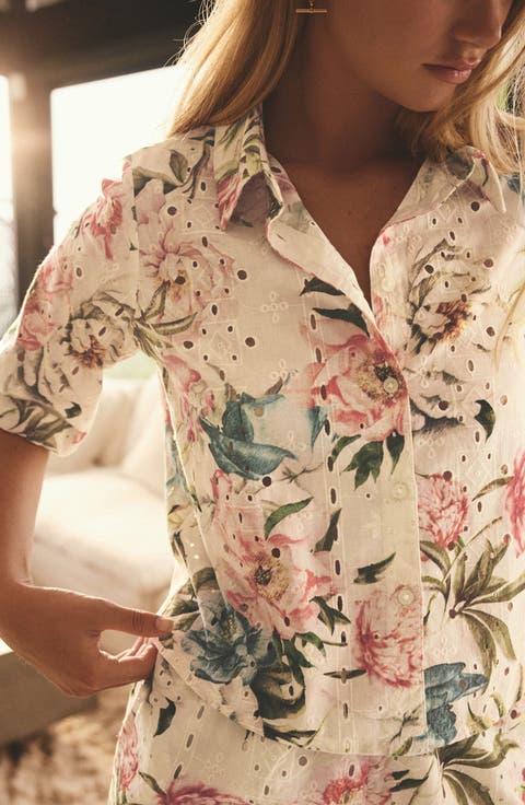 Floral Broderie Anglaise Short Sleeve Button-Up Shirt