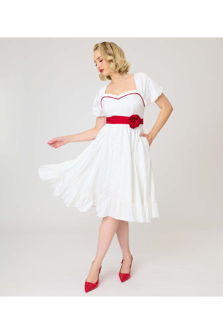 Ruffle Swing Dress, Alternate, color, White w/ Red Rose Belt