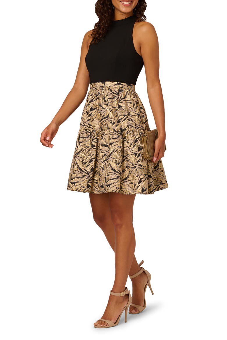 Mixed Media Metallic Fit & Flare Dress, Alternate, color, BLACK/ GOLD