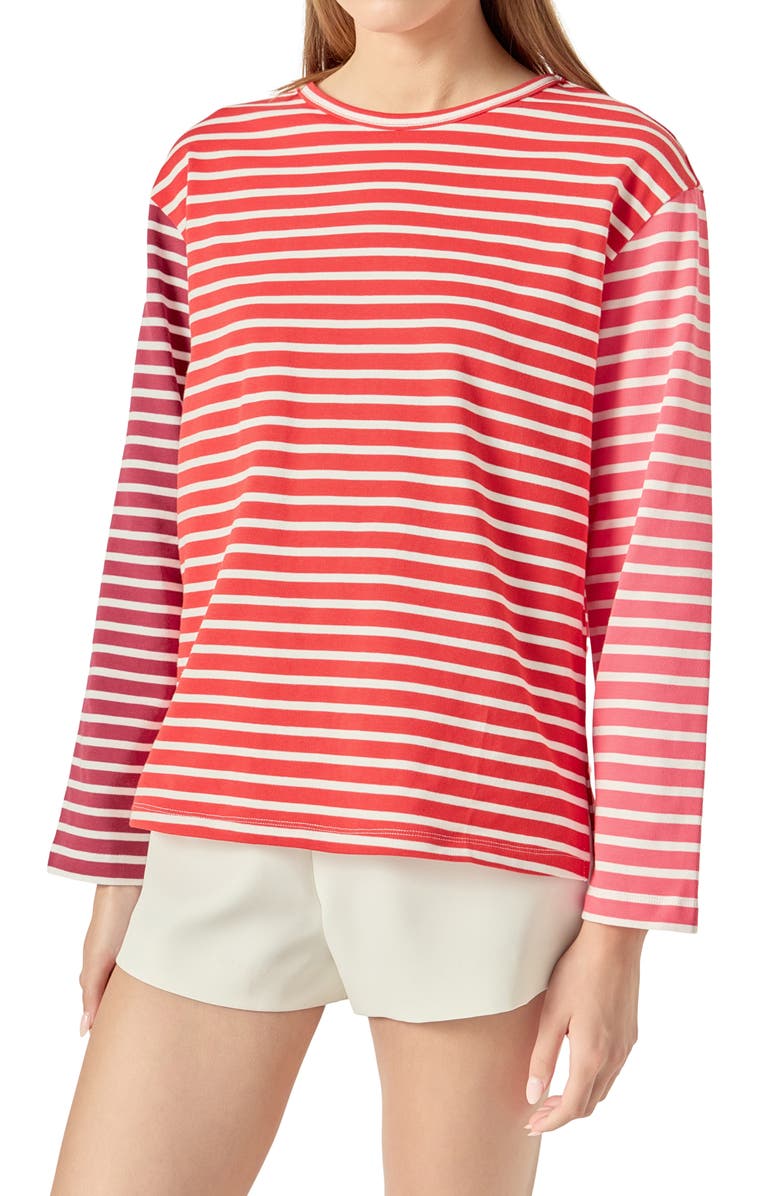 English Factory Colorblock Stripe Long Sleeve Cotton T-Shirt, Alternate, color, Red Multi
