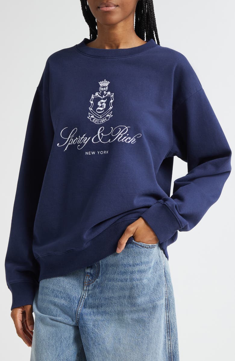 Sporty & Rich Vendome Embroidered Cotton Crewneck Sweatshirt, Alternate, color,