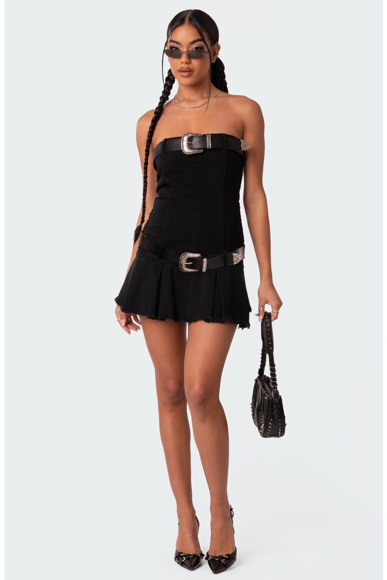 strapless denim dress with belt Belt It Babe Strapless Denim Mini Dress