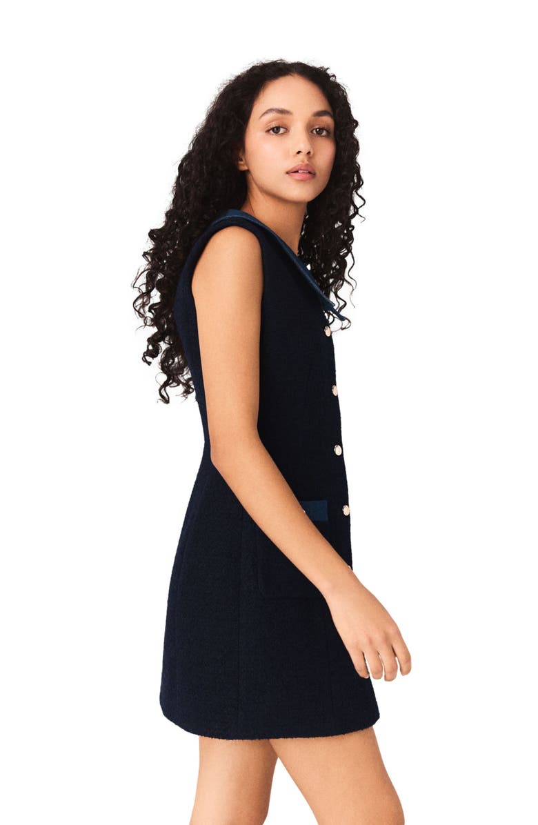 maje Tweed dress with denim details, Alternate, color, Navy