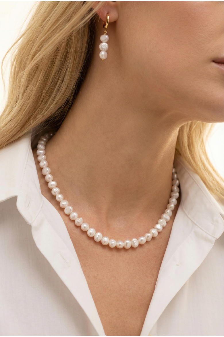 Freshwater Pearl 18K Gold Plated Necklace And Earring Set, Alternate, color, 18K Gold Plated / White Pearl