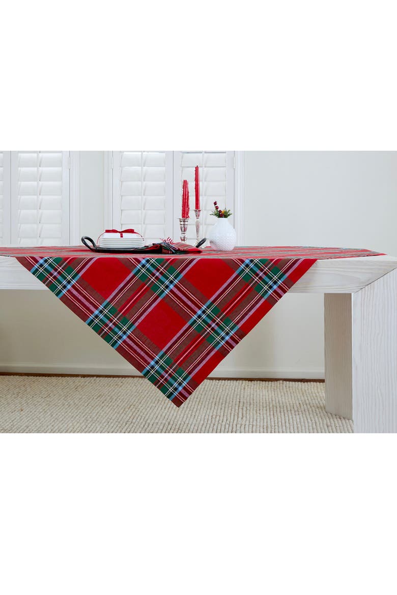 Linen Table Throw 52 x 52 Inch - Madras Holiday Plaid, Main, color, Red