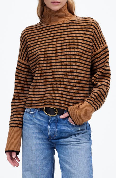 Stripe Wool Waffle Knit Turtleneck Sweater