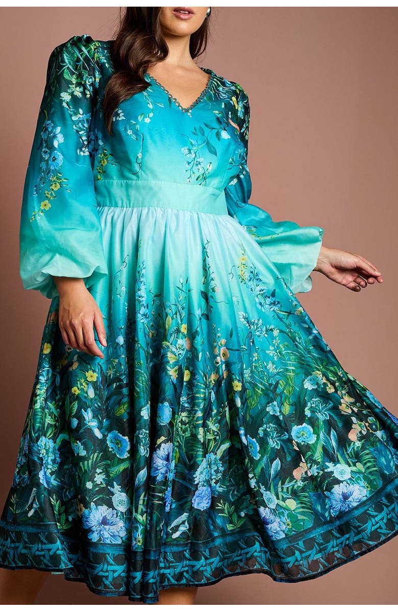 Coast Plus Placement Print Organza Midi Dress, Alternate, color, Teal